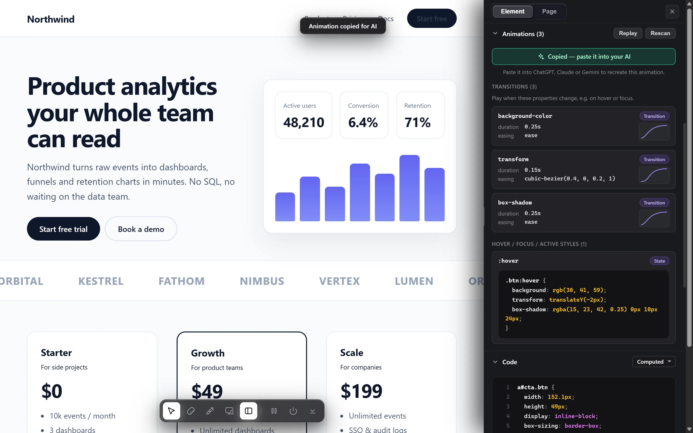 Animations section listing transitions with easing curves and a Copy for AI button